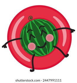 Cute cartoon watermelon swimming with rubber ring, flat vector illustration. Summer tropical vacation, beach party design element.