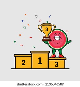 Cute cartoon watermelon as the third winner with happy expression in 3d modern style design