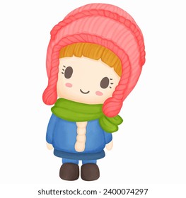 Cute cartoon wearing warm clothes in winter. Vector illustration