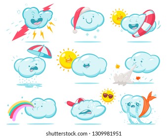 Cute cartoon weather with funny cloud and sun. Vector characters set isolated on a white background.