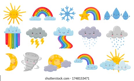 Cute cartoon weather. Happy hot sun, rainbow over clouds and funny snowflake. Snowly and rainy cloud, sleeping moon and angry hurricane vector illustration set. Rainbow and hot sun, rain and star