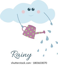 Cute cartoon weather icon of smiling anthropomorphic cloud pouring water from a watering can which symbolize rain