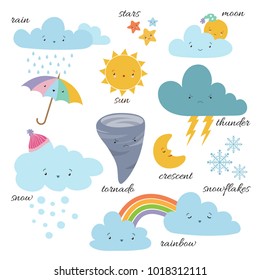 Cute Cartoon Weather Icons. Forecast Meteorology Vector Vocabulary Symbols. Sun And Cloud, Rain And Snowflake Illustration