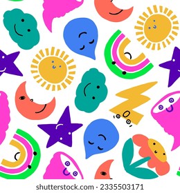 Cute cartoon weather icons and shapes seamless pattern. Repeat pattern for kids fashion collection, paper design. Cloud, rainbow, star, sun, lightning, rain pattern.