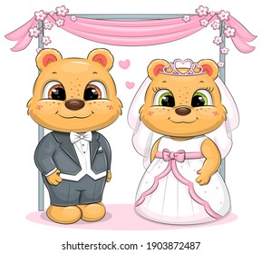 Cute cartoon wedding couple with decorated arch. Vector illustration of bride and groom bears isolated on white.