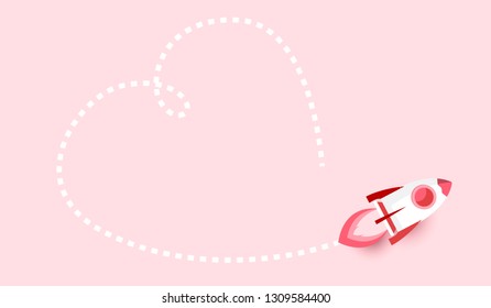 Cute cartoon Wedding couple drive rocket launch and smoke through cloud into space. Startup - flat design. Vector illustration, cute Valentine's Day card