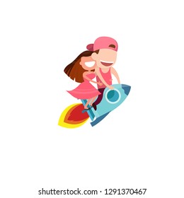 Cute cartoon Wedding couple men and women card drive rocket launch and smoke through cloud into space. Startup - flat design. Vector illustration, cute Valentine's Day card
