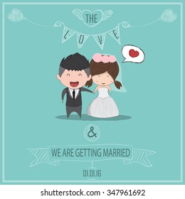 Cute cartoon Wedding couple men and women card, cute Valentine's Day card, drawing by hand vector and digital illustration created without reference image.