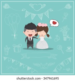 Cute cartoon Wedding couple men and women card, cute Valentine's Day card, drawing by hand vector and digital illustration created without reference image.