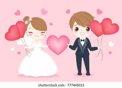 cute cartoon wedding people smile happily on the pink background