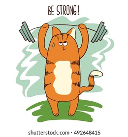 Cute cartoon weightlifter cat lifting the barbell. Vector illustration. 