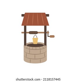 Cute cartoon well. Bucket for water on a rope. Item of rural life. Simple flat icon. Element of a farm, ranch or village. Clipart for educational children's games and books. Agriculture