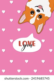 Cute cartoon welsh corgi with hearts and the inscription I love you. Happy Valentine's day greeting card. Vector illustration.