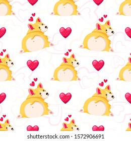 Cute cartoon Welsh Corgi Terrier puppy - Valentine Day seamless pattern, kawaii dog or animal, pink hearts om white - vector romantic background, endless texture for wrapping, textile, fabric print