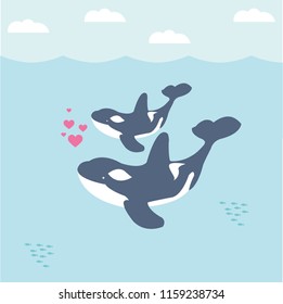 Cute cartoon whale with baby whale in the ocean. Vector illustration.