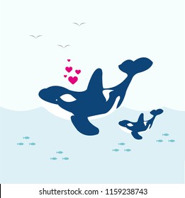 Cute cartoon whale with baby whale in the ocean. Vector illustration.