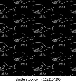 Cute cartoon whale background with hand drawn smiling whales. Sweet vector black and white whale background. Seamless monochrome doodle whale background for textile, wallpapers, wrapping and cards.