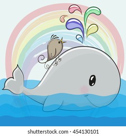 Cute cartoon whale and a bird on a rainbow background