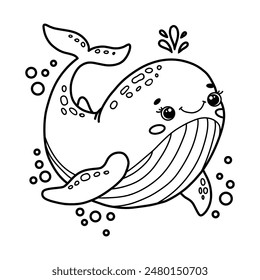 Lindo ballena de dibujos animados con burbujas. Libro para colorear para niños. Ilustración vectorial de contorno en blanco y negro 