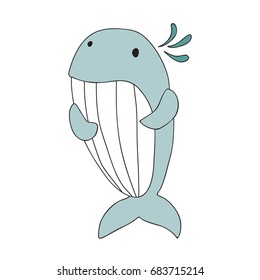 Cute cartoon whale character, vector illustration in simple style. Isolated on white background.