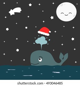 cute cartoon whale with christmas red hat in the starry night vector illustration