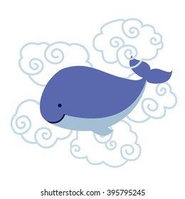 Cute cartoon whale in clouds isolated on white background. Vector illustration.