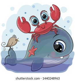 Cute Cartoon Whale with crab and bird