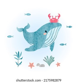 Cute cartoon whale and crab. Marine vector watercolor illustration. Sea print for kids