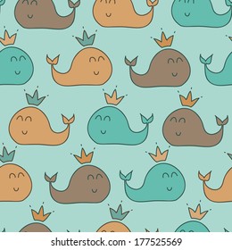 cute cartoon whale in crown seamless pattern. child design