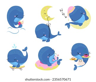 Ballena de dibujos animados haciendo cosas diferentes. Las divertidas ballenas duermen, comen y leen. Caracteres infantiles subacuáticos para pegatinas o duchas para bebés, hoy en día conjunto de vectores