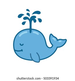 Cute cartoon whale drawing with water fountain. Hand drawn vector illustration.