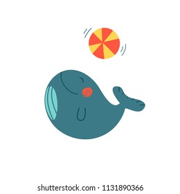 Cute cartoon whale enjoying summer and playing ball. Lovely childish vector illustration.