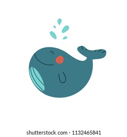Cute cartoon whale enjoying summer. Lovely childish vector illustration.