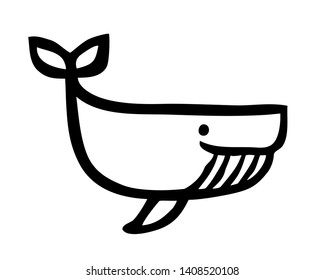Cute cartoon whale hand painted with ink brush stroke, isolated on white background. Grunge vector illustration