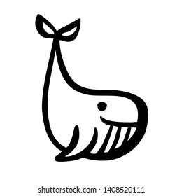 Cute cartoon whale hand painted with ink brush stroke, isolated on white background. Grunge vector illustration