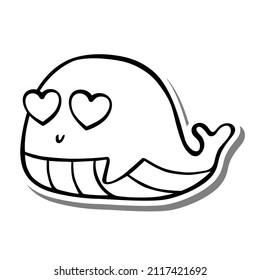 Cute cartoon Whale with Heart Eyes in Love Monochrome. Doodle on white silhouette and gray shadow. Vector illustration about Valentine.