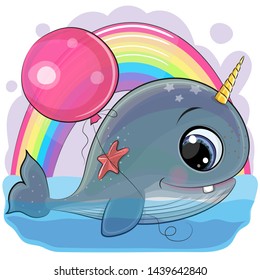 Cute Cartoon Whale with with horn and balloon