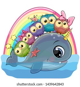 Cute Cartoon Whale with with horn and five owls