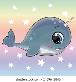 Cute Cartoon Whale with horn on a rainbow background