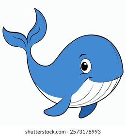 Cute cartoon whale isolated on white background. Side view. Vector illustration.