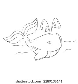 Cute cartoon whale. Isolated vector illustration in linear style. Simple clipart. Design element. Sea life and travel. Wild animals of the underwater world