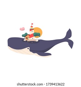 Cute cartoon whale with lighthouse on the back. Trendy vector illustration. All objects isolated.