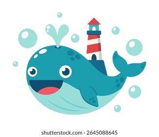 Cute cartoon whale with lighthouse on back and bubbles around. Vector flat illustration.