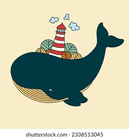 Cute cartoon whale with lighthouse, trees and clouds. Marine anymal