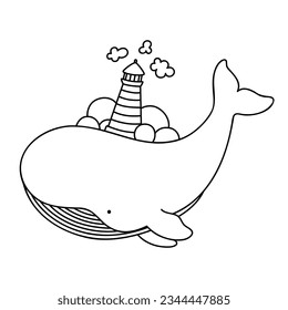 Cute cartoon whale with lighthouse, trees and clouds. Marine anymal
