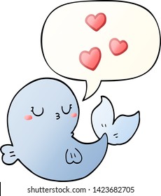 cute cartoon whale in love with speech bubble in smooth gradient style