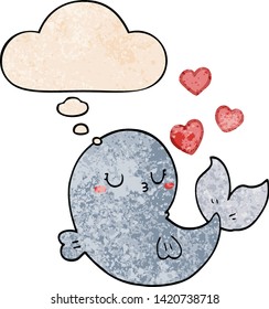 cute cartoon whale in love with thought bubble in grunge texture style