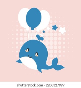 Cute cartoon whale on pastel color background. flat vector illustration.