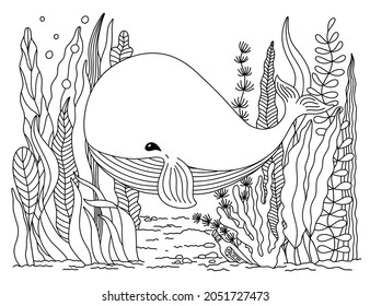 Cute cartoon Whale on the Seabed with Seaweeds. Hand drawn Outline Wild Underwater Animal and plants. Sea Life. Contour Marine illustration for nursery print, childish coloring book page, baby card