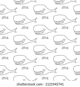 Cute cartoon whale pattern with hand drawn smiling whales. Sweet vector black and white whale pattern. Seamless monochrome doodle whale pattern for textile, wallpapers, wrapping paper, cards and web.